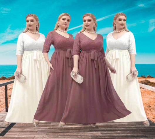 Plus Size 3/4 Sleeve Maxi Dress V-Neck Formal Lace Long Gown Party Dresses  Evening Formal Wedding Christening Special Occasion Dress With Belt COD