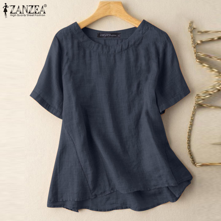 Esolo%20ZANZEA%20Womens%20Casual%20Short%20Sleeve%20Blouse%20Cotton%20Linen%20Shirts%20Plain%20School%20Beach%20Loose%20Tops%20#2%20-%20Image%204