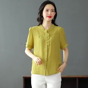 Cotton And Linen Shirt WomenS Short Sleeved Loose Cover Summer Ice Silk Anti Wrinkle Western-Style Plus Size New Chinese Style Top