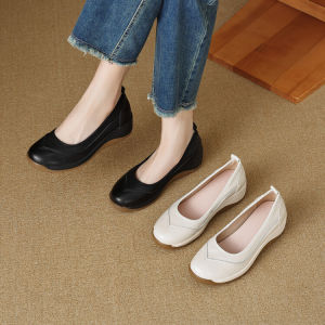 2026 New Autumn Casual High-Heeled Leather Shoes Thick-Soled Slip-On Platform Shoes For Women With Round Toe