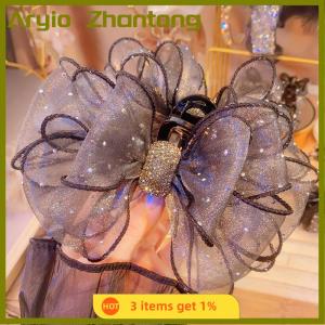 Aryio กิ๊บหนีบผมทรงโบว์ตาข่ายสีดำประดับพลอยเทียมสำหรับผู้หญิงกิ๊บหนีบผมแบบวินเทจหรูหราอุปกรณ์แต่งผมแฟชั่น