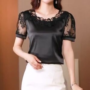 FCHerStore Women Short Sleeve Satin Silk Blouse Lace Crochet Casual Loose Silk T Shirt