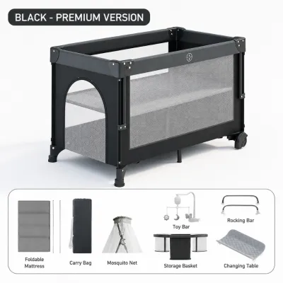Portable Baby Crib Foldable Travel Cot with Mattress Wheels 3 in 1 Bedside Sleeper Playpen for Newborns Infants Toddlers 0-3 Years
