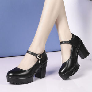 Black leather shoes women waterproof platform thick heel with round toe non-slip work shoes
