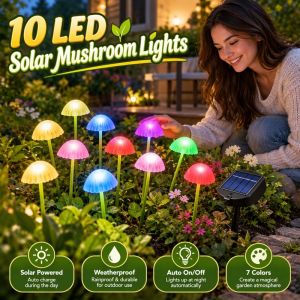 10 Led Solar Mushroom Lights Outdoor Waterproof 2 Lighting Modes Rgb Warm White Garden Pathway Holiday Party Decor