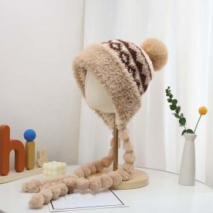 SFFGF Fleece Lined Pompom Braids Hat Fur Brim Striped Knit Earflap Winter Cap Plush Ear Protection Thermal Fur Trim Trapper Skiing