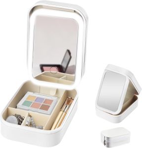Travel Makeup Bag with LED Mirror7× 4.9 × 2.7in Travel Makeup Organizer with Adjustable Light-Up Mirror3 Color Light SettingsMake up Case Portable Cosmetic Bag Jewelry Organizer Case for Lady