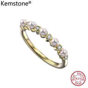Kemstone S925 Sterling Vòng Tròn Bạc Nhẫn ngọc trai Zircon 14k trang sức mạ vàng cho quà tặng của phụ nữ