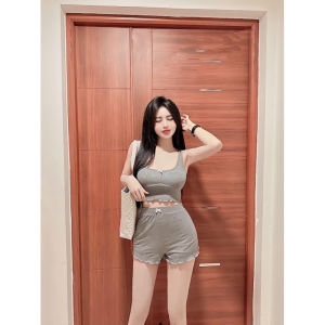 Set đồ ngủ nữ mặc nhà 2 dây bản to đồ bộ nữ đùi thun gân phối nơ thoáng mát