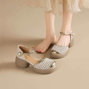 Free Shipping Trendy Chunky-Heeled Woven Toe-Cap Sandals For Women 2026 Summer New Collection Versatile Height-Increasing Casual And Featuring A Hollowed-Out Design