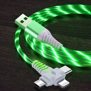 VAORLO 3 IN 1 LED Glow Flowing Charging Cable USB Type C Luminous Lighting Fast Charger Micro USB Wire Compatible With iPhone Android Phone Lighting USB Cable