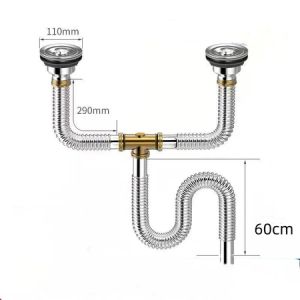 304 Stainless Steel Drain Pipe Double Vegetable Sink Drainage Device Kitchen Sewer Pipe Fittings