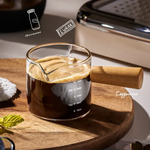 2pcs Espresso Measuring Cup with Wooden Handle Clear Coffee Shot Glass Heat Resistant Retro Milk Jug