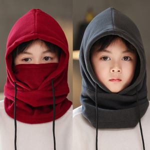 TEWUB Polar Fleece Children Balaclava Hat Thick Solid Color Hood Beanies Fashion Keep Warm Pullover Cap Boys