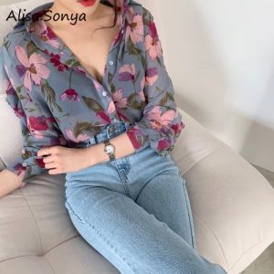 Alisa.Sonya Women Plus Size Chiffon Floral Shirt Long Sleeve Lapel Collar Single-Breast Floral Blouse For Women