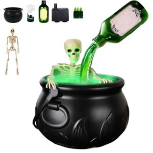 VOYUE พร้อมน้ำลอยและดิฟฟิวเซอร์ ของตกแต่งหม้อฮาโลวีน ไฟ LED พลาสติก ตกแต่งหม้อแม่มดโครงกระดูก สร้างสรรค์ ดำ ของตกแต่งฮาโลวีนที่น่ากลัว ปาร์ตี้ฮาโลวีน