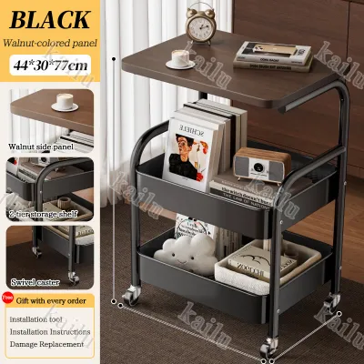 KILAU Movable 3-Tier Storage Trolley with Wheels & Table Board Multifunctional Sofa Side Table Bedside Cabinet & Kitchen Storage Organizer for Snacks Toys and Household Items