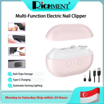 RICHMENT Portable Grooming Kit Multifunctional Luxury Electric Nail Clipper Trimmer 3-in-1 Electric Nail Clipper with Polishing 2 Speeds Automatic Nail Cutter Trimmer Set with Light & Clip Storage Grinder Cutter for Baby Adults Seniors Gifts