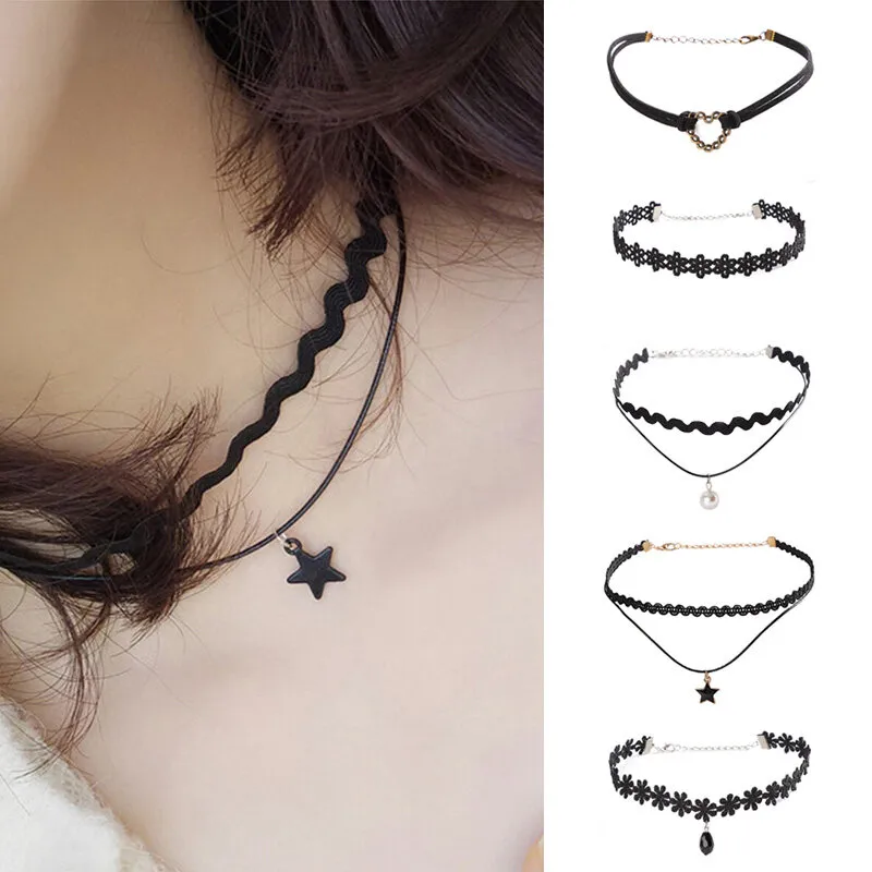 Corinna Women Black Lace Choker Hollow Designs Black Leather