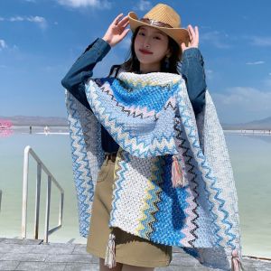 DAMONJ Printing Ethnic Style Shawl Neck Wrap Warm Tassel Scarves Simple Fashion Imitation Cashmere Scarf Women