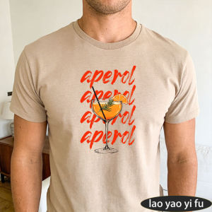 [Local Stock] HBESTY  Aperol Cocktail Repeated Retro Letter Men Summer Cotton T Shirt Summer Drink Vintage Art Bar Casual Daily Top