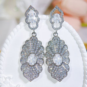 SEQUITO Noble Lady Girls Hollow Leaf Shaped Inlaid White AAA Cubic Zirconia Stones Cocktail Party Drop Earrings Silver Yellow Gold Plated Jewelry SE987
