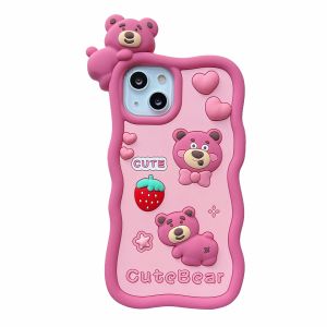 【New】Cartoon Three-dimensional Strawberry Bear Liquid Silicone Phone Case with Bracelet For iPhone 6 7 8 X XS XR 11 12 1314 15 Series