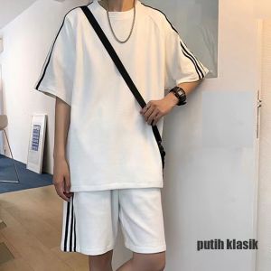 celana pendek lengan pendek Kit one set kaos setelan olahraga kasual pria lima titik lengan pendek setelan tren pasangan wafel setelan celana longgar t-shirt celana pendek