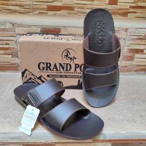 Sandal Pria GrandPolo Premium Kulit Asli Motif Stripe Gaya Korea Warna Coklat