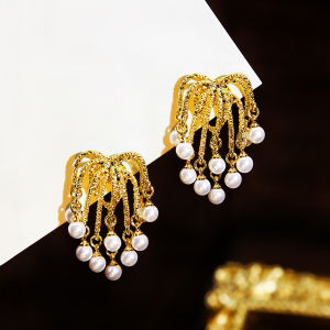 SEQUITO Luxury Bridesmaid Silver Plated Jewelry Pave Setting Bling AAA Cubic Zircon Gilded Bow Pearl Waterfall Tassel Drop Earrings for Prom SE1073