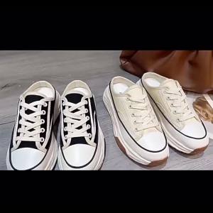 New Platform-Soled Height-Increasing Casual Slip-On Thick-Soled Closed-Toe Half-Slippers For Women Summer Outdoor Canvas Slippers
