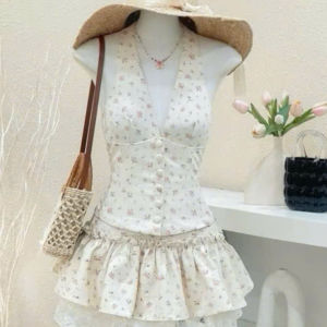 MK_Set yếm dạ hội set tiểu thư sang trọng chất Lụa hoa áo cổ yếm buộc nơ ôm body có nút bọc khoét ngực kèm chân váy ngắn phối Ren đáng yêu