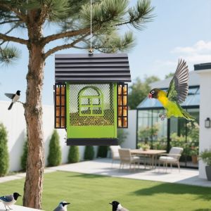 OUTOPEN Large Capacity Hanging Bird Feeder Weatherproof Rustproof Metal Bird Feeder Country Style Squirrel Proof Parrot Feeding Station Outdoor