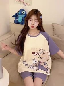 带胸垫睡衣女夏天ins短袖夏可外穿短裤印花防凸点新款家居服套装Women with padded pajamas summer ins short sleeved summer jackets。。。