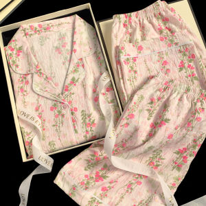 Spring and Summer Sweet and Cute Wind Cloud Cotton Pajamas Girl Three-piece Loungewear Pink Floral Light Cool Pyjamas Sleepwear