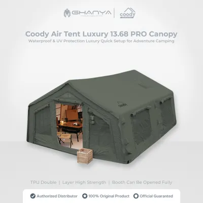 Coody Air Tent Luxury 13.68 PRO Canopy (13.68 Sqm M2) Large Inflatable Tent (Tenda Praktis) Waterproof & UV Protection Luxury Quick Setup for Adventure Camping / Glamping / Fishing / Bushcraft / Hiking - Army Green