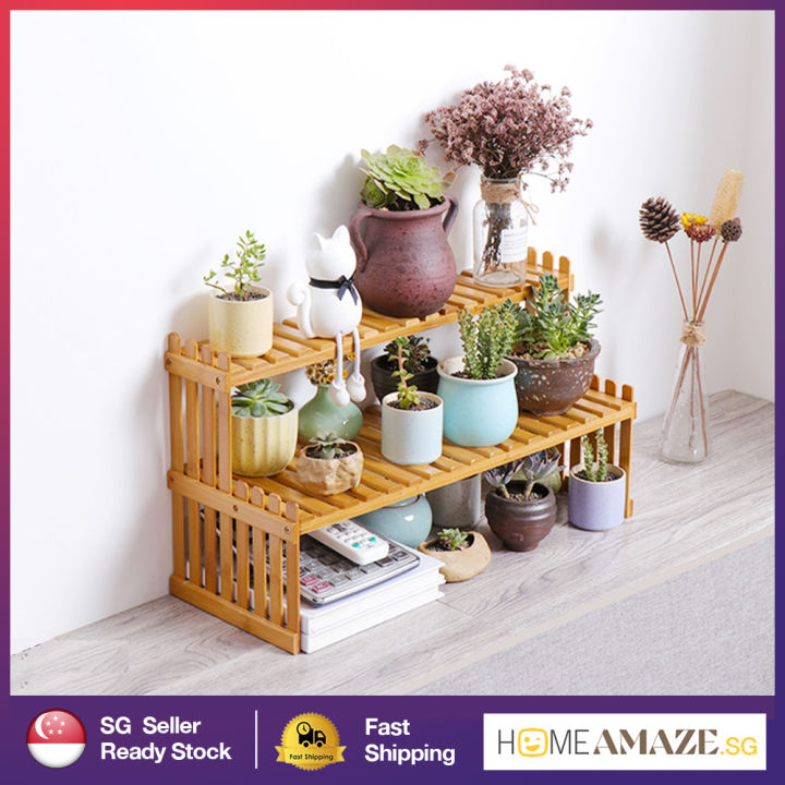 [SG ready stock] Solid Wood Desktop Flower Rack Home Storage Rack