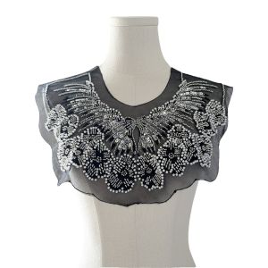 HULEQQI Detachable Heavy Bead Sequin Collar Vintage Lace Shawl Retro Ruff Collar Chic Elegant Embroidered Front Collar Woman
