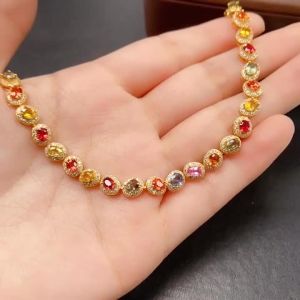 Natural Multi-Color Sapphire Necklace Gold Plated S925 Silver Inlaid 3*4mm Oval Stones Full Zircon Halo Luxury Jewelry