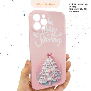 Ốp Iphone Merry Chrismas hình cây thông nền hồng phấn đón Noel. Ốp 1 lớp và 2 lớp in phủ bóng sắc nét
