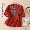 LUCKIN STORE Phụ nữ hàng đầu Tay áo ngắn thêu Phụ nữ mùa hè Slim T-shirt 2026 Áo sơ mi mới cộng với kích thước hàng đầu Cotton Women's Top Blouse Women Quần áo năm mới 2026 Hanfu women chinese  Cô gái áo đỏ cny top. 