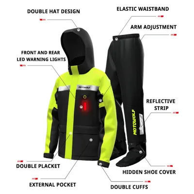 Motowolf MDL0402B Raincoat Jacket And Pants With Bag And LED Light