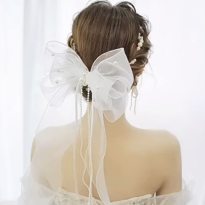 Faux Pearl Ribbons for Bridal Hair Decoration Short Veil Bow