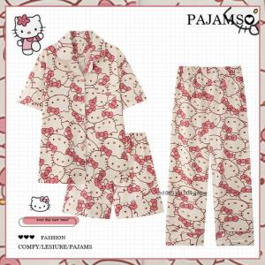 3Pcs Hello Kitty Womens Pajamas Set Home Clothes Sanrios Anime Summer Girls T-Shirt Pants Student Cute Fashion Casual Pajamas