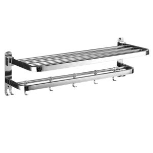 Bathroom Towel Rack Wall Mounted Foldable Towel Rack with Double Towel Bar for Toilet SUS304 Stainless Steel Stand with Removable Hook Anti-rust Bathroom Rack for Washroom Silver