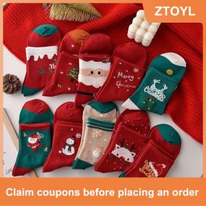 【ZTOYL】 5 Pairs Christmas Socks Santa Claus Snowman Xmas Tree Socks Christmas Mid-Calf Socks For Women Autumn Winter Socks