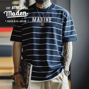 Maden thương hiệu Quần áo bảo hộ lao động phong cách nam Mới Mùa Hè sọc tương phản retro thanh lịch của Mỹ in chữ cái áo thun tay ngắn tay áo lửng biển linh hồn