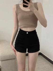 W&X Sweet Cool Style Summer High Waist Half Length Shorts Womens Slightly Oversized Girls Elastic Waist Loose Slim Looking Plus Size Straight-Leg Denim Middle Pants
