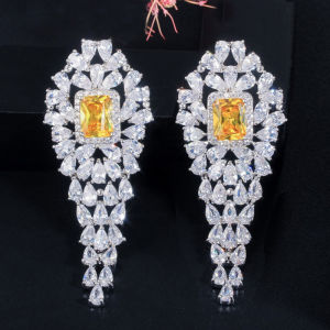 Sequito quý bạc mạ trang sức cưới đầy đủ lát shinning Trắng Waterdrop AAA đá Cubic Zirconia pha lê với công chúa cắt vàng đá chạm khoét Bông tai dài đung đưa cho phụ nữ se778