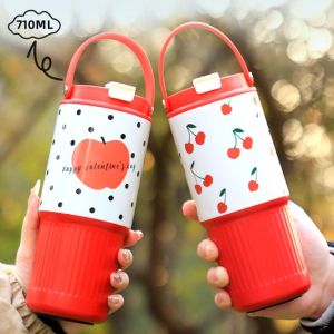 ELITEDEALSHUB 304สแตนเลสสตีล แก้วน้ำดื่มเย็น แบบพกพาได้ ความจุขนาดใหญ่710มล. ถ้วยฉนวนกันความร้อน น่ารักน่ารักๆ พร้อมหลอดดูด ขวดน้ำเทอร์โม การเดินทางกีฬา